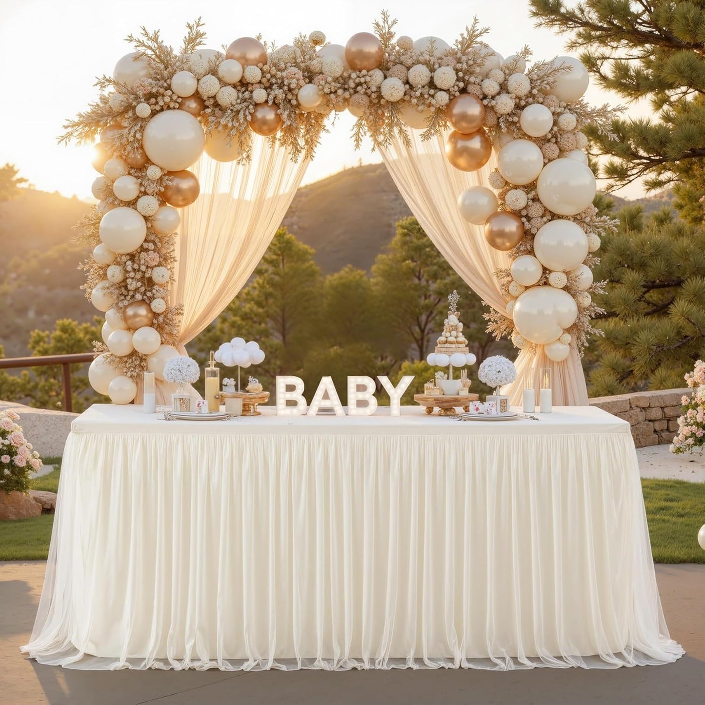 6 Pack 6ft Ivory Tulle Tablecloths for Rectangle Tables 6 Foot Ivory Rectangular Table Cloth Wrinkle Free Tablecover with Tutu Skirt for Wedding Baby Shower Birthday Party Banquet Buffet Cake