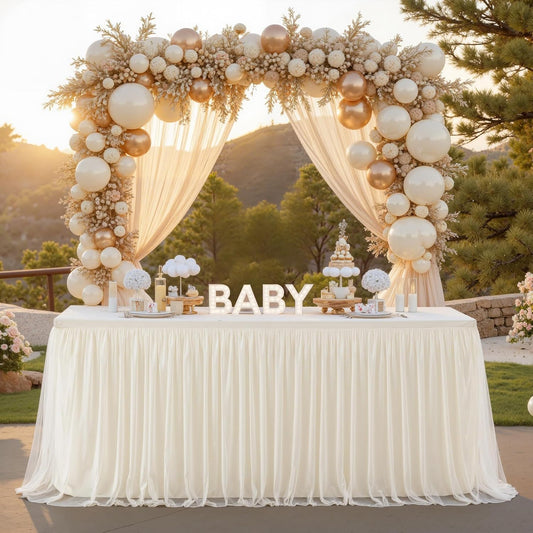 6 Pack 8ft Ivory Tulle Tablecloths for Rectangle Tables 8 Foot Ivory Rectangular Table Cloth Wrinkle Free Table Cover with Tutu Skirt for Wedding Baby Shower Birthday Party Banquet Buffet Cake