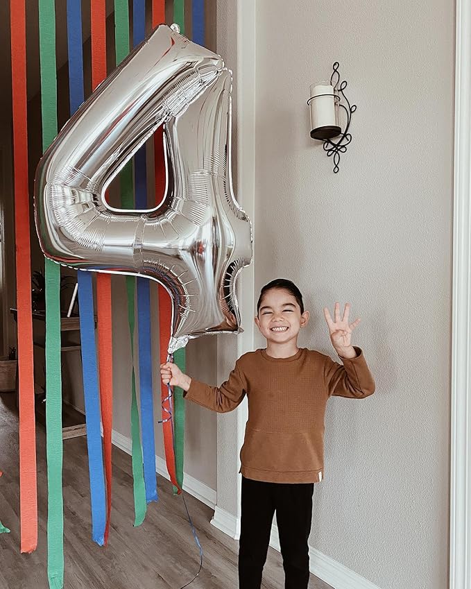 Silver 4 Balloon, Number Balloons 40 Inch, 4th Silver Party Decorations, Four Large Numbers for Party Decor, Number 4 Balloon