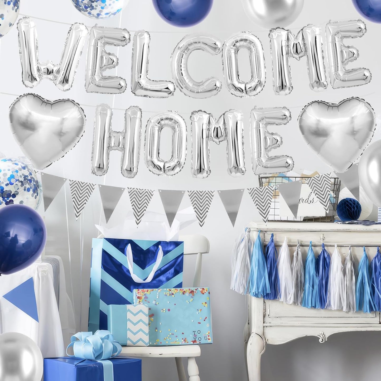 Welcome Home Decorations Navy Blue Silver,Welcome Home Foil Balloon Banner with Confetti Balloons,Silver Heart Balloons Pennant Flag Bunting for Housewarming Baby Shower Home Family Party Supplies