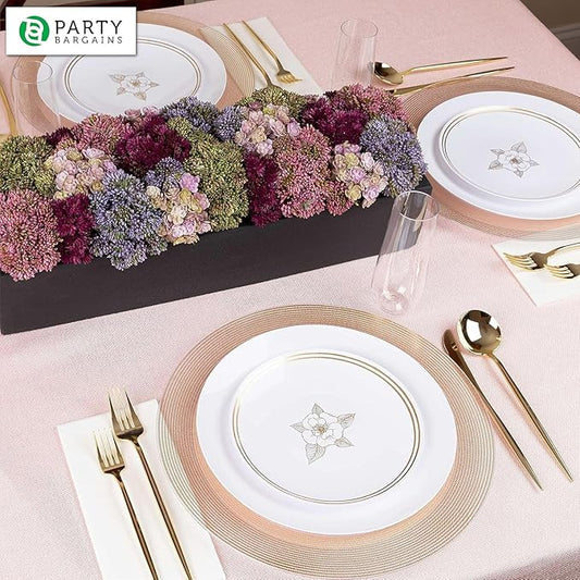 PARTY BARGAINS 13-Inch Charger Plates - 4 Pack, Clear Gold Rope Textured Rim, Heavy-Duty Disposable Chargers for Elegant Dining - Ideal for Weddings and Formal Events