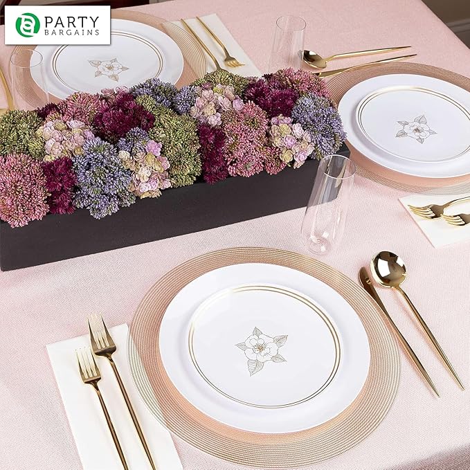 PARTY BARGAINS 13-Inch Charger Plates - 16 Pack, Clear Gold Rope Textured Rim, Heavy-Duty Disposable Chargers for Elegant Dining - Ideal for Weddings and Formal Events