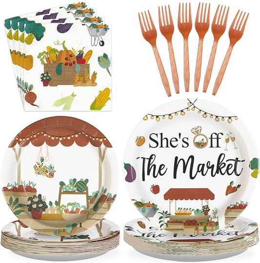Grencian 96Pcs She's Fresh Off Market Bridal Shower Decor Farmers Market Engagement Party Plates and Napkins Vegetable Themed Disposable Tableware for Women Bridal Shower Wedding Decorations Serves 24