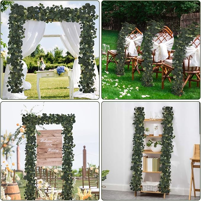 2Pcs 6FT Eucalyptus Garland, Green Garland with Flowers,Artificial Faux Greenery Vines for centerpieces Wedding Party Table Runner Room Home Mantle Decor