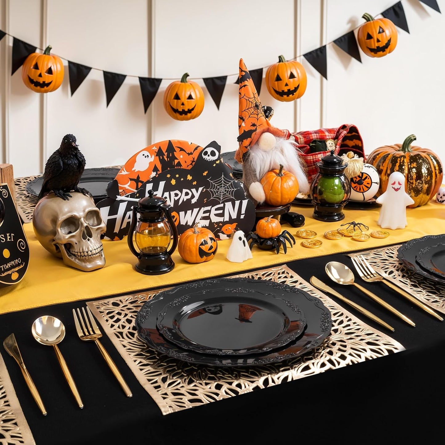 U-QE 100PCS Black Plastic Plates - Heavy Duty Halloween Disposable Plates Including 50PCS 10'' Dinner & 50PCS 7.5'' Dessert Plates - Hard Plastic Plate for Halloween & Party & Wedding