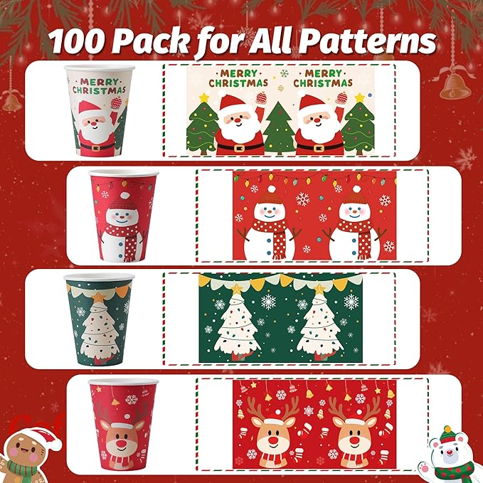 100 Pack 12 oz Christmas Coffee Cups No Lids, Disposable Hot Cold Drinking Cup, 12 Ounce Paper Coffee Cups for Party, Businsess, Holiday, Home