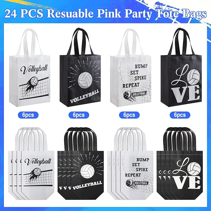 Wesnoy 24 Pcs Volleyball Tote Bags Bulk Reusable Non Woven Volleyball Gift Bags with Handles Black and White Party Favors Practice Supplies for Sports Theme Birthday Party