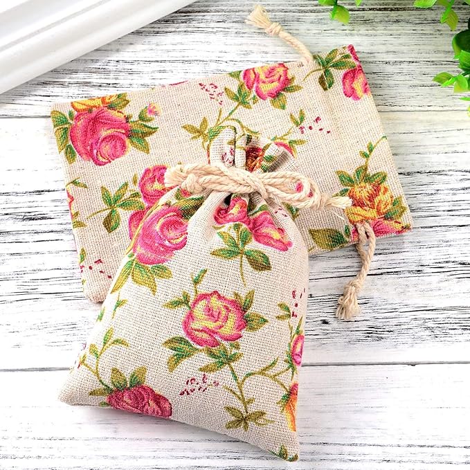 Pangda 30 Pieces Small Size Rose Drawstring Bags Burlap Flower Pouch Bags Linen Gift Jewelry Pouches for Wedding DIY Craft Party (3.9 x 5.3 Inch)