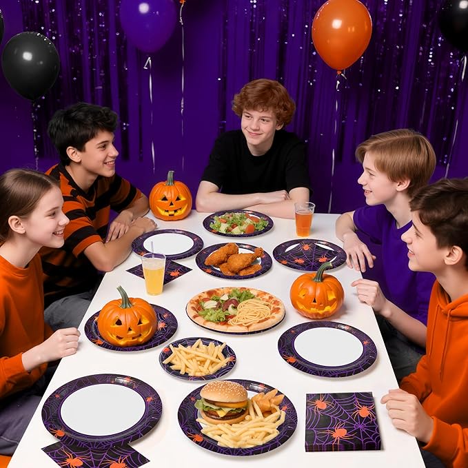 75pcs Spider Party Supplies - Disposable Spider Web Paper Plates & Napkins (25pcs 9" & 7" Plates, 25pcs Napkins) for Birthdays, Halloween, Birthday, and Parties Decoration