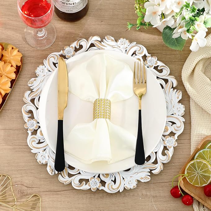 12 Pcs Antique White Charger Plates Bulk 13 Inch Embossed Rim Plastic Round Decorative Plates Charger for Dinner Wedding Party Event Table Setting Decoration (Hollowed out Flowers)