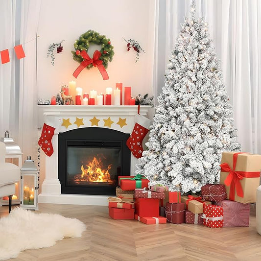 9FT Prelit Flocked Christmas Tree with 850 Lights & 2240 Branch Tips, Pre Lit Hinged Xmas Tree with Memory Wire Technology, Premium Artificial Christmas Tree with Pine Cone for Holiday Decoration