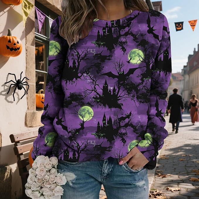LIZALIG Pullover Cute Sweatshirt Orange Skeleton Fall Festive FunWomens Design Bat Holiday Party Outings Pumpkin Print