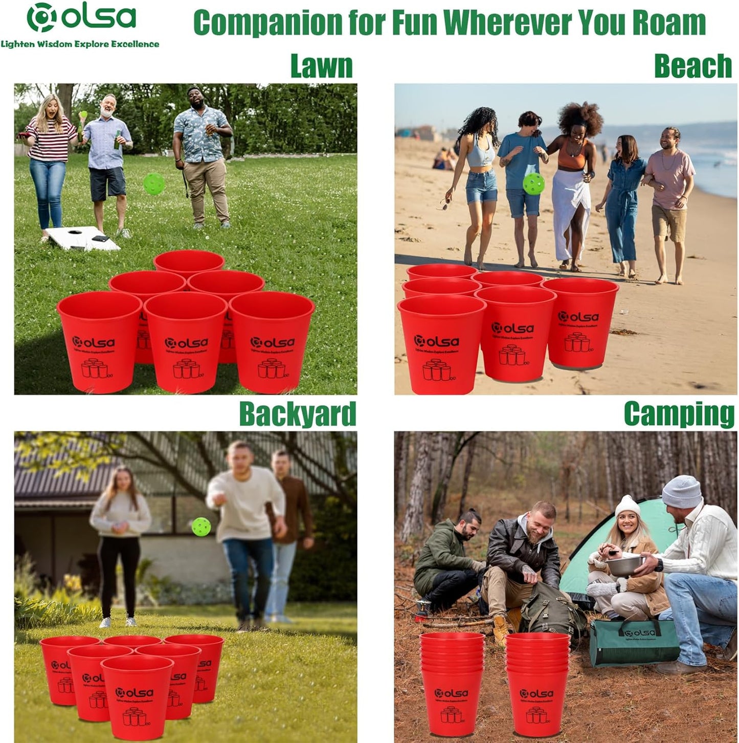 Olsa Giant Pong Yard Games, Yard Pong Outdoor Game for Adults and Family, Toss Backyard Lawn Games with 12 Buckets, Balls, Strength Carrying Bag for Beach Camping Backyard Party(Red)