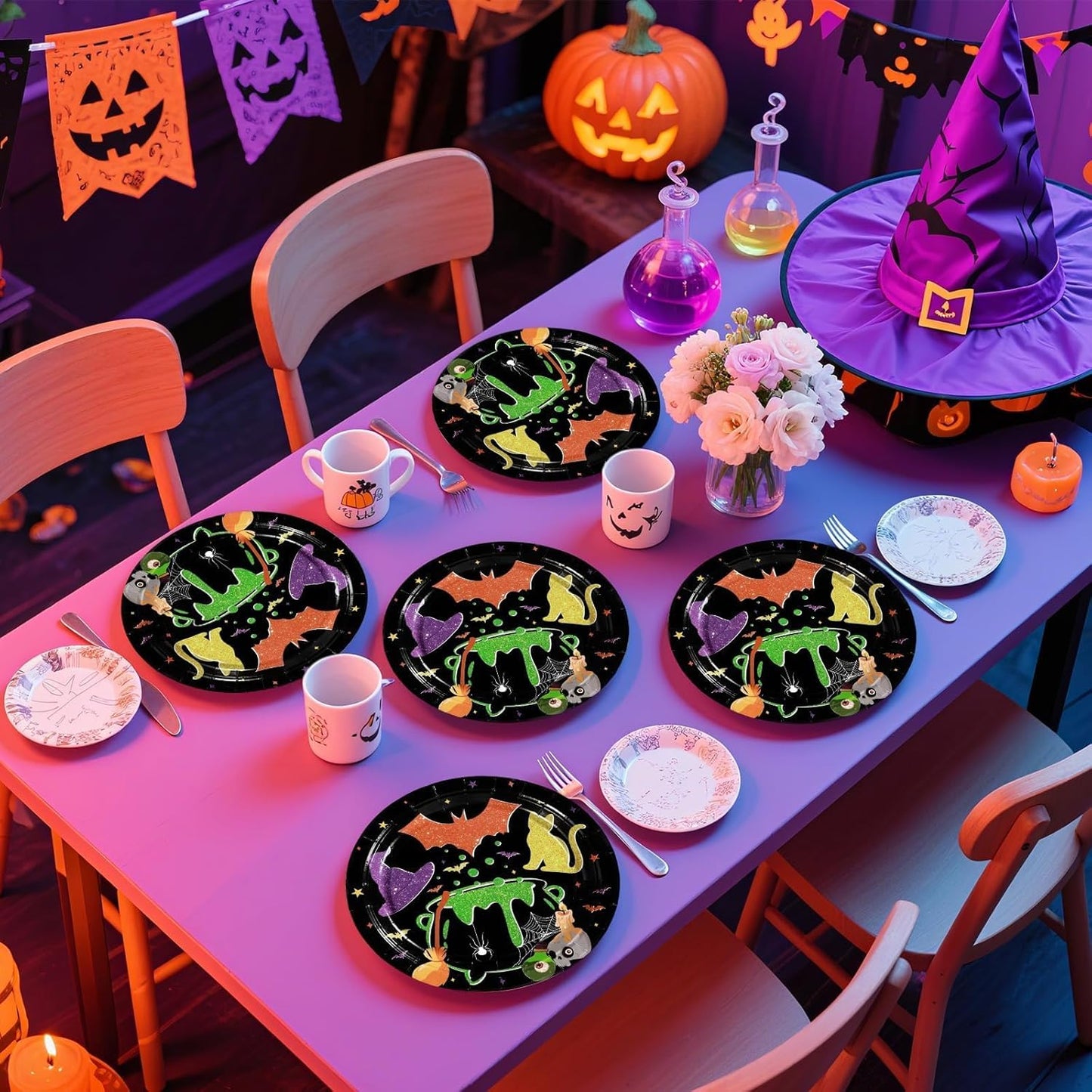Grencian 50Pcs Halloween Hocus Pocus Plates 9" Day of The Dead Dessert Plates Witch Tableware Sets for Halloween Holiday Party Decorations