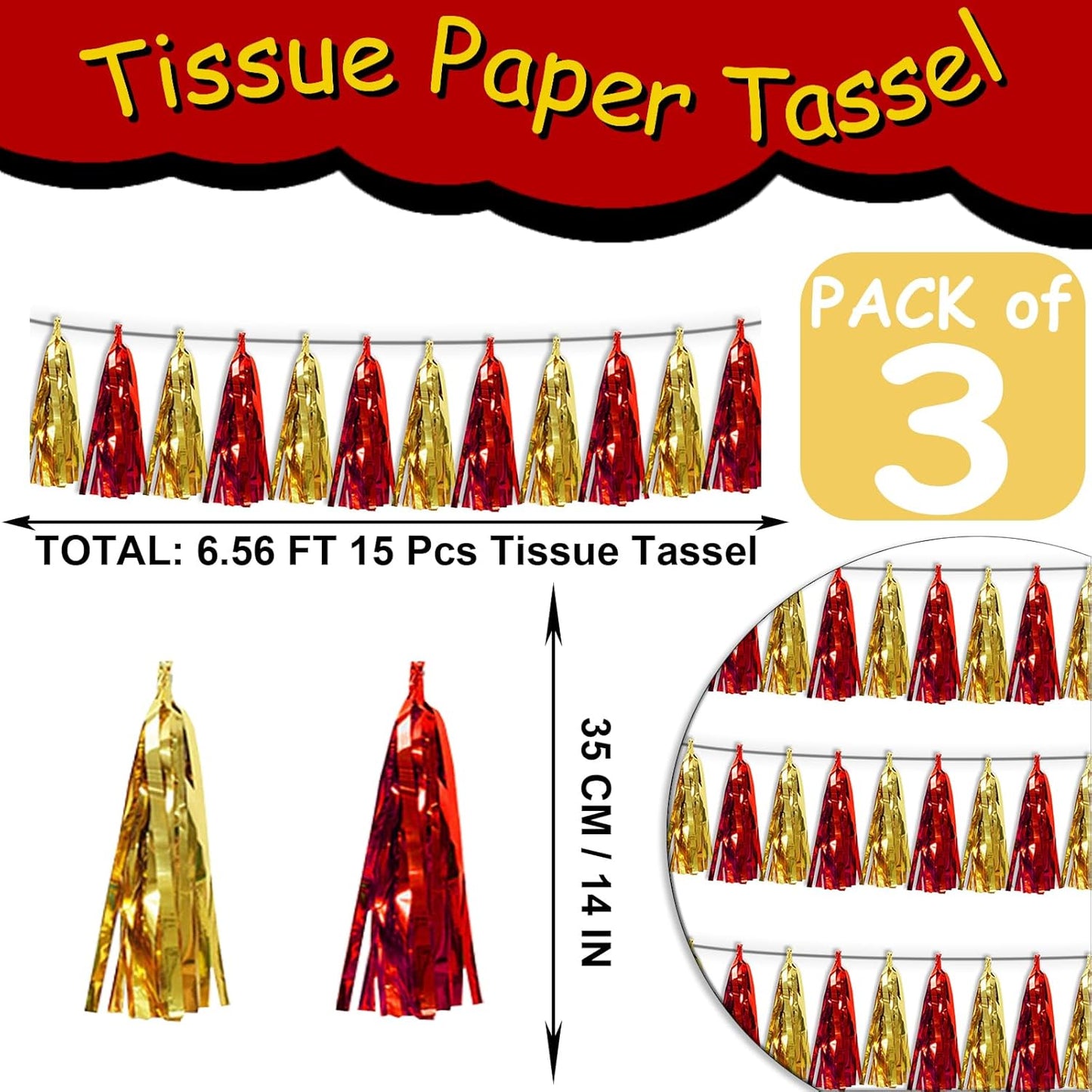 3P Red Gold Tassel Banner Garland Metallic Foil Fringe Banner Tinsel Tassels Streamer Banner Backdrop for Parade Floats Graduation Halloween, Christmas, Baby Bridal Shower Party Decorations
