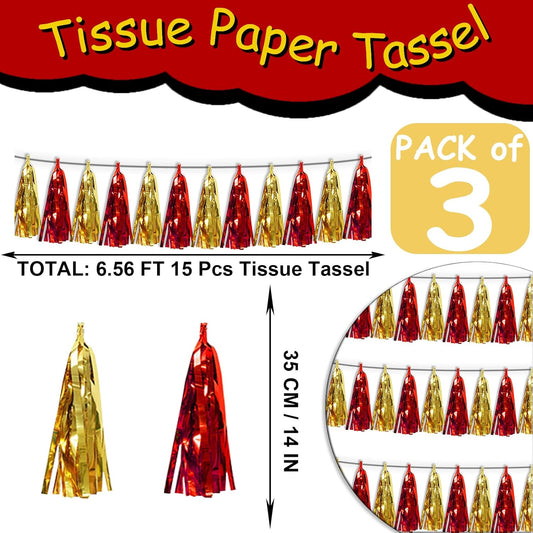 3P Red Gold Tassel Banner Garland Metallic Foil Fringe Banner Tinsel Tassels Streamer Banner Backdrop for Parade Floats Graduation Halloween, Christmas, Baby Bridal Shower Party Decorations