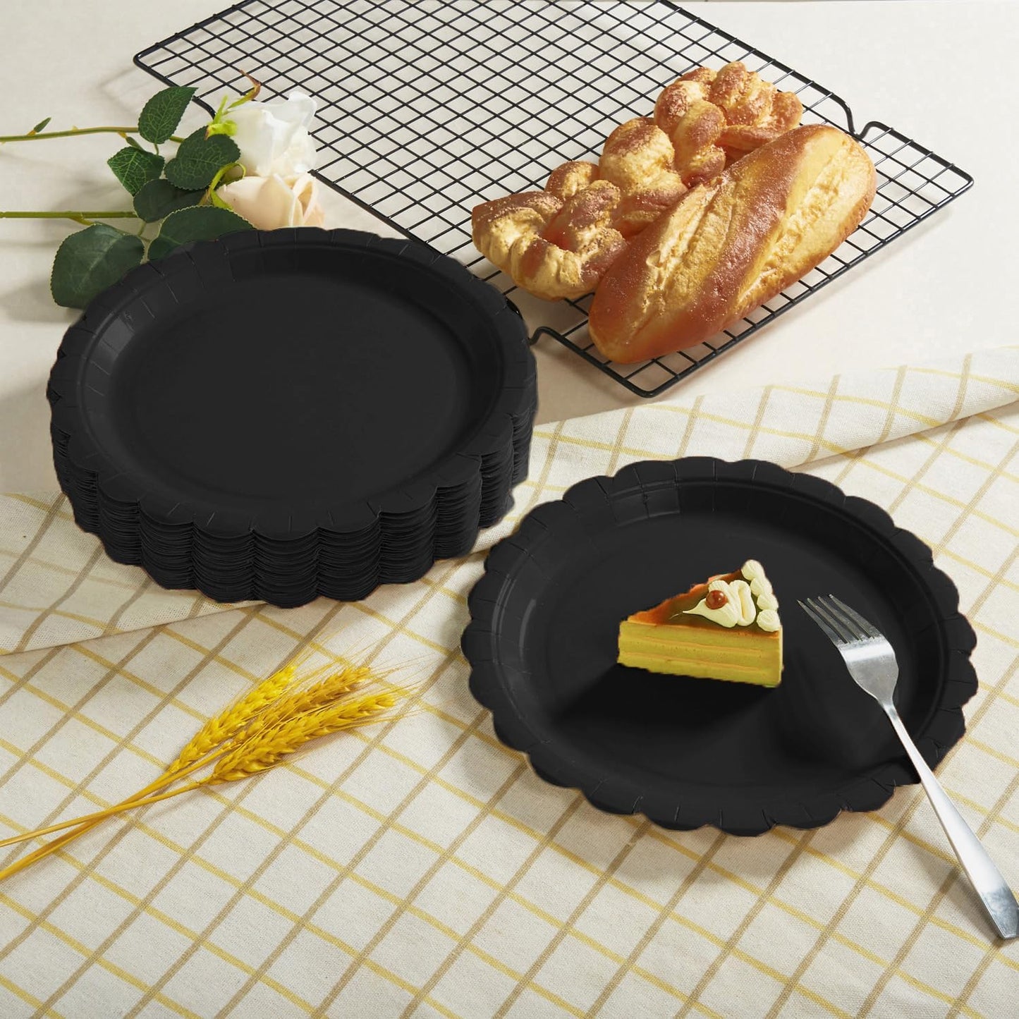BEFORYOU 50PCS Scalloped Disposable Paper Plates Dessert Cake Party Plates for Baby Shower, Wedding,Bridal Shower Birthday Party Supplies (Black, 7IN)