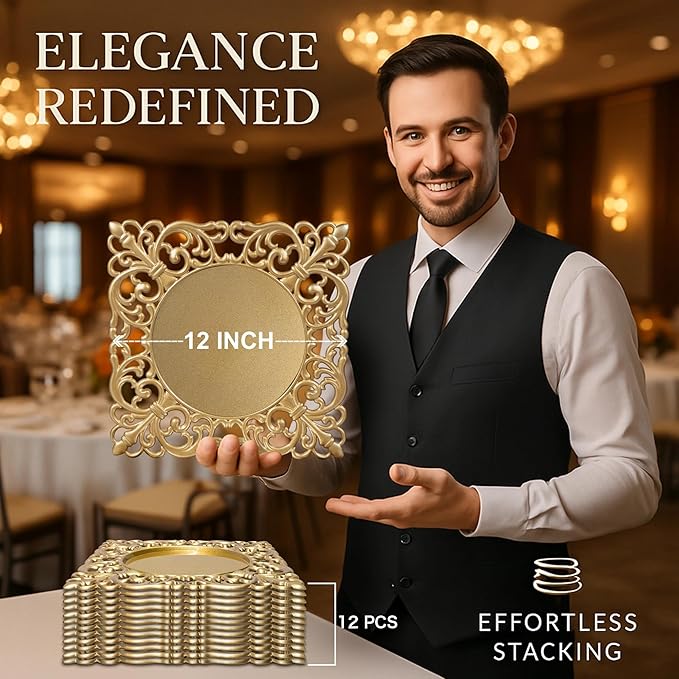 JEVERGN 12 Pack Gold Charger Plates, 12" Square Chargers for Dinner Plates, Gold Plate Chargers with Embossed Rims, Plastic Charger for Wedding, Party Event, Dinner, Table Setting