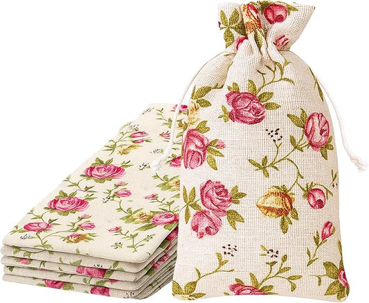 Mandala Crafts 10X14 Inch Rose Burlap Drawstring Gift Bags for Favors - 20 Large Floral Linen Sacks Gift Pouches for Candy, Coffee, Jewelry, Wedding, and Party Supplies