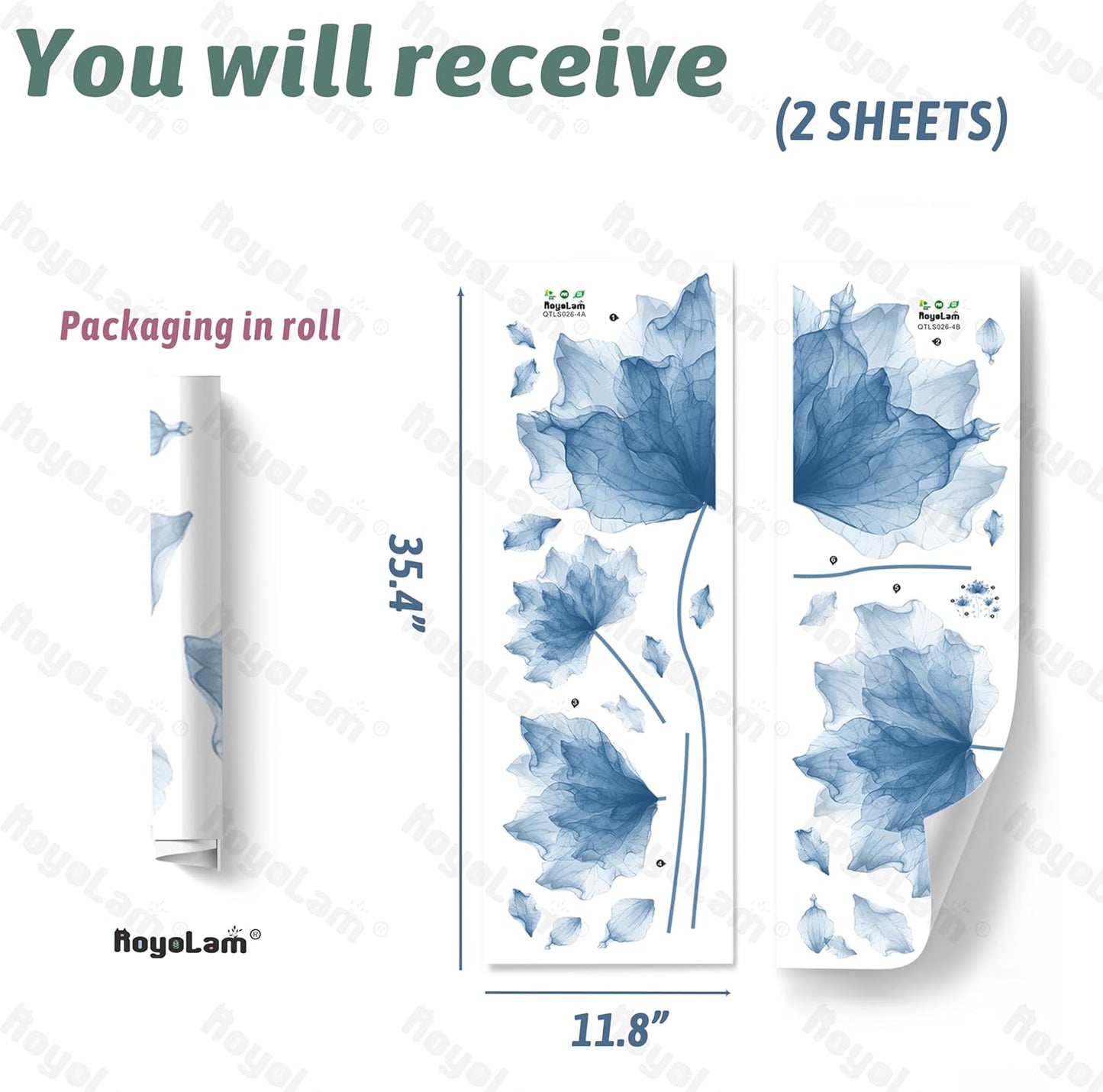 39.3'' x 32.6'' Huge Flower Petal Wall Decals Living Room Floral Wall Stickers Removable Peel and Stick Waterproof Wall Art Decor Stickers for Bedroom Bathroom Office (Blue)