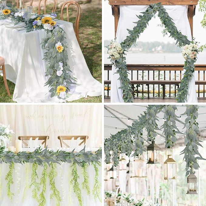 Ageomet 3pcs 6.6ft Eucalyptus Garland, Artificial Eucalyptus Vines Faux Hanging Garland with Fake Leaves for Wedding Party Table Backdrop, Arch Wall Garden Decor