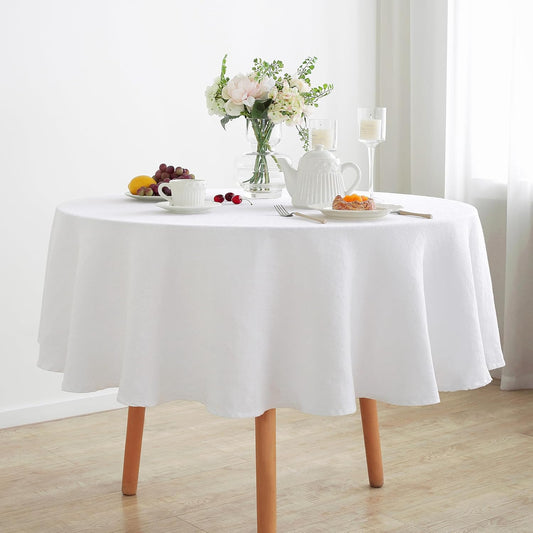 Linen World Linen Tablecloth,100% French Linen Round Tablecloth 90" Inch,Washable White Tablecloth for Dining,Outdoor,Weddings and Restaurants,Decorative Thanksgiving Christmas