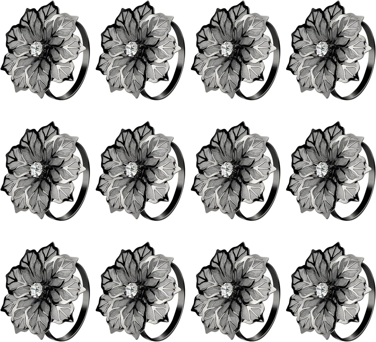KPOSIYA Flower Napkin Rings Holder Metal Black Napkin Rings Set of 12 for Wedding Party Holiday Banquet Christmas Dinner Delicate Serviette Buckles Decor Favor (12, Black)