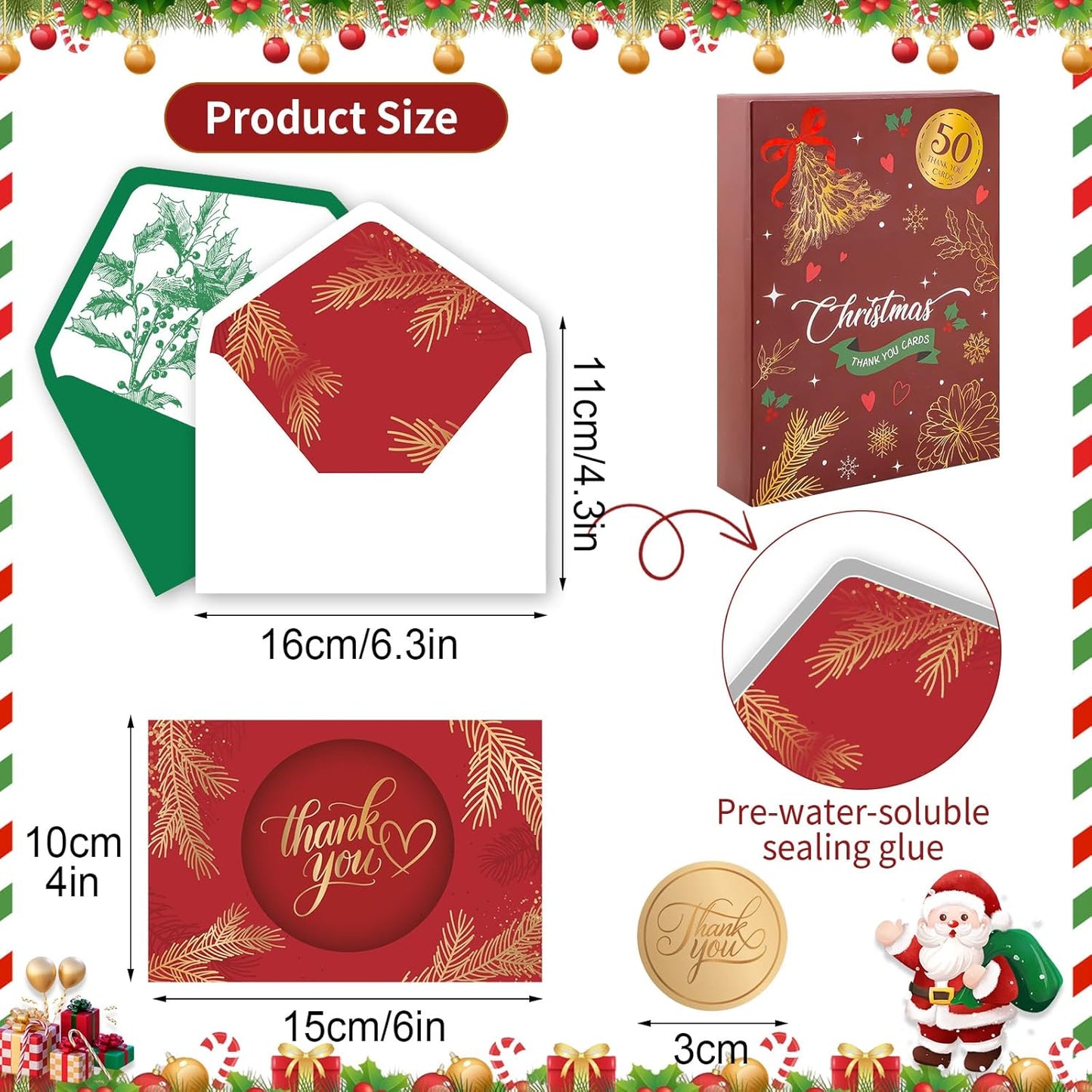 50 Pack Christmas Thank You Cards with Envelopes and Stickers, 5 Designs Foiled Christmas Cards, 4x6 Inch Holiday Thank You Card for Xmas, New Year