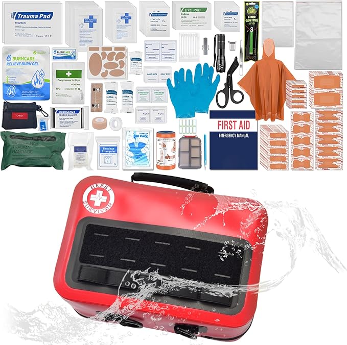 Waterproof First Aid Kits -348 Piece Comprehensive Trauma Kit, Emergency Medical Kit for Marine, Outdoor, Camping, Hurricanes, Boating and Car -With Labeled Compartments for Easy Access