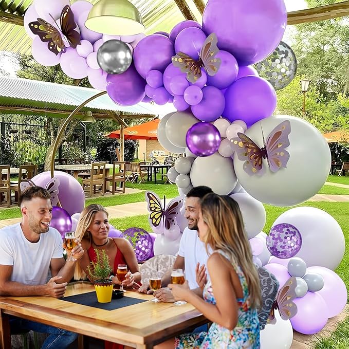 MEBAY Purple Silver Balloon Arch Kit, 147PCS Pastel Purple Matte Lavender Violet Metallic Lilac Silver Confetti Balloons Garland for Baby Girl Princess Party Birthday