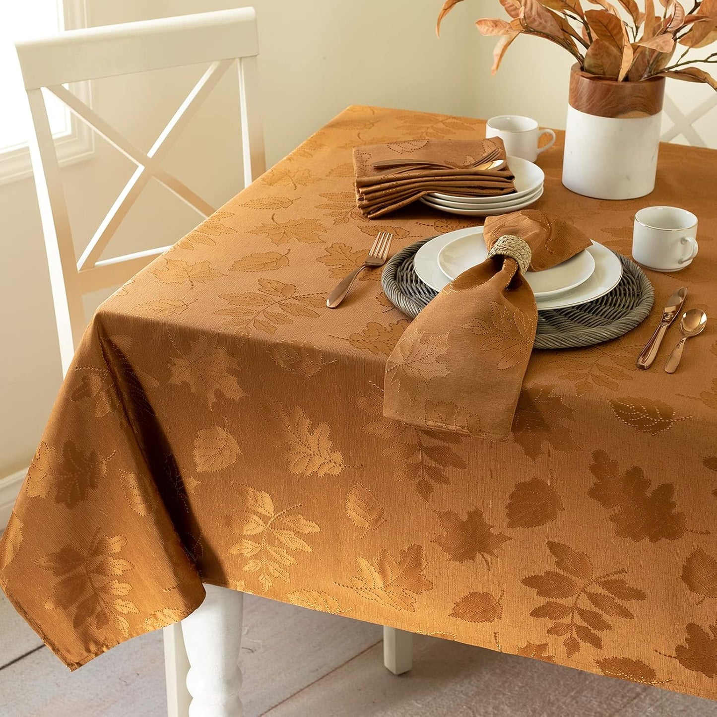 Benson Mills Harvest Legacy Damask Fabric Table Cloth Fall, Harvest, and Thanksgiving Tablecloth (Amber-Bronze, 52" x 70" Rectangular)