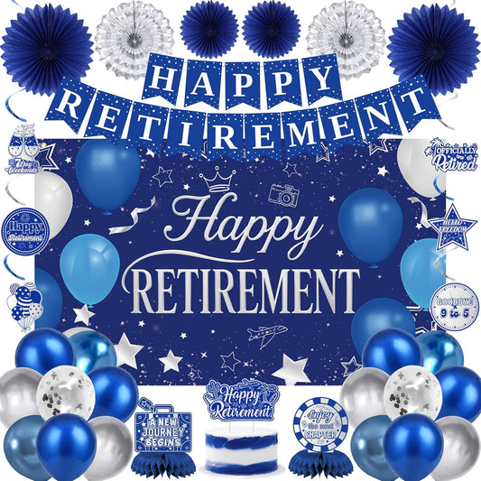 Holkcog Blue Retirement Party Decorations for Women, Silver Blue Happy Retired Banner Backdrop Paper Fan Hanging Swirls for Coworker, I'm Retired Cake Top & Honeycomb Set, Great for Retiring Women