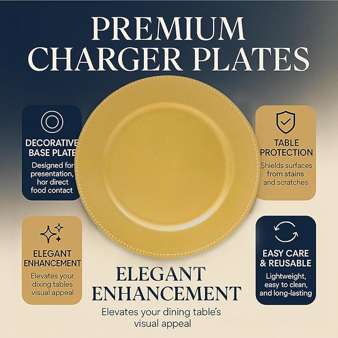 JEVERGN 50 Pack Gold Charger Plates Bulk, 13" Beaded Chargers for Dinner Plates, Gold Plate Chargers Set of 50, Round Plastic Charger for Wedding, Party Event, Dinner, Table Setting