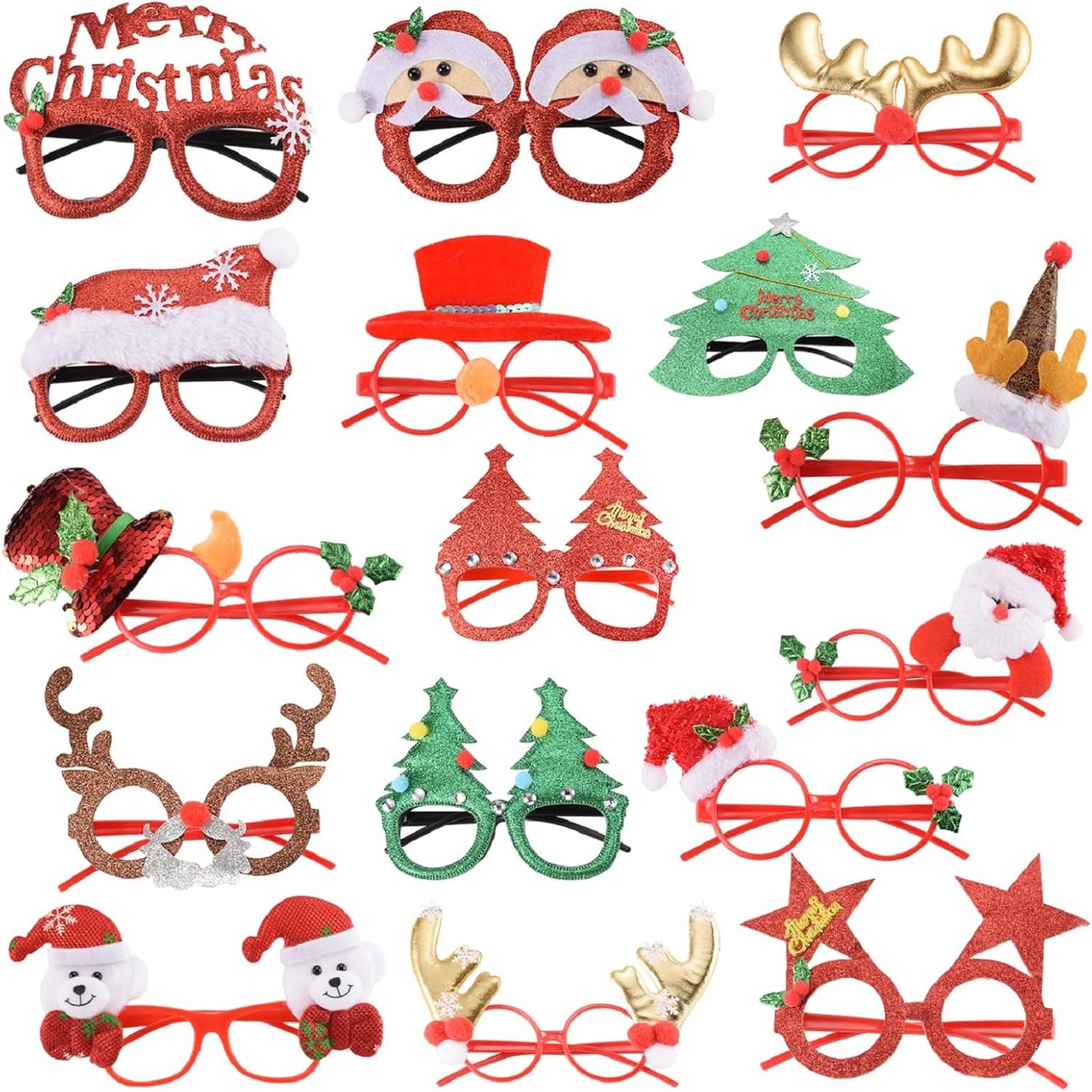 SEVEN STYLE 16 PCS Christmas Holiday Glasses for Kids & Adults,Cute Christmas Glasses Frames,Fun Christmas Party Favors Festive Decorations & Trinkets, Perfect for Goodie Bag Stuffers ，Photos booth