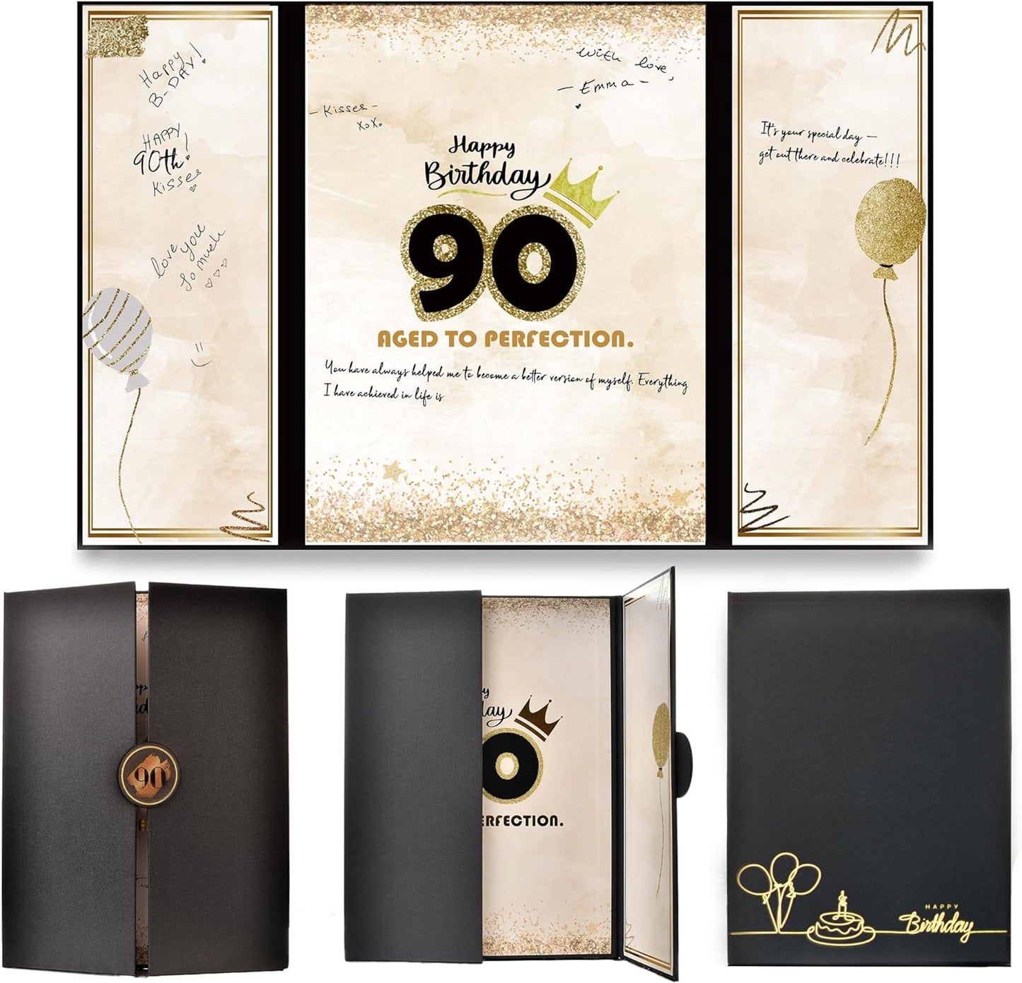 90th Birthday Guest Book Black Gold Party Decorations for Men 12"x18" - 90 Years Guest Book Sign in Poster Card - Ninety Party Keepsake Gift - Aged to Perfection - Pen Not Included