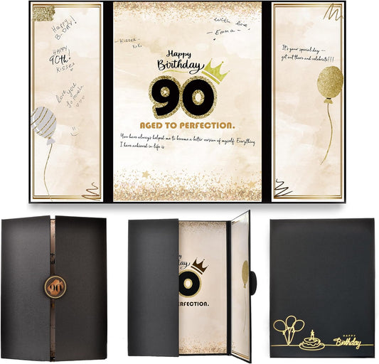 90th Birthday Guest Book Black Gold Party Decorations for Men 12"x18" - 90 Years Guest Book Sign in Poster Card - Ninety Party Keepsake Gift - Aged to Perfection - Pen Not Included