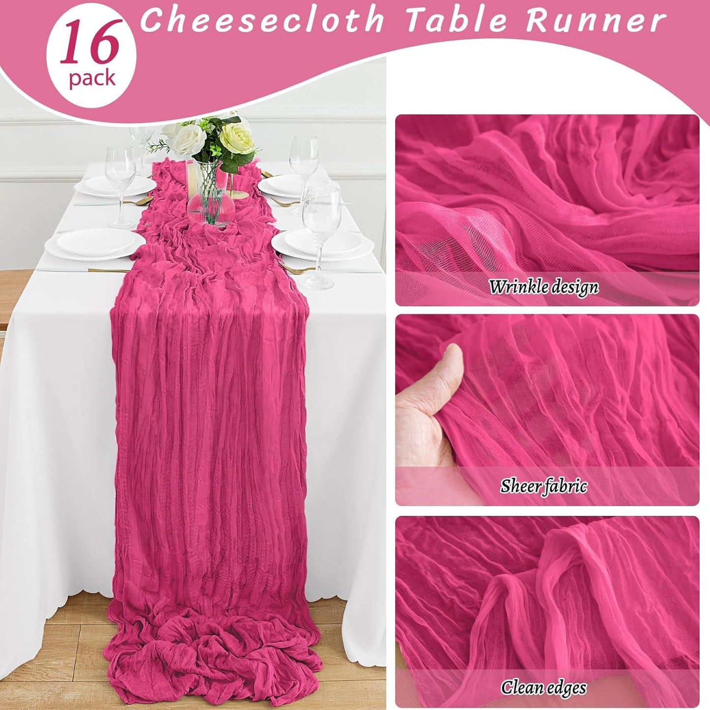 16Pack Hot Pink Table Runner 10FT Cheesecloth Table Runner 35x120Inch Long Boho Cheese Cloth Table Runners Rustic Gauze Table Runners for Party Wedding Bridal Shower Baby Shower Decorations