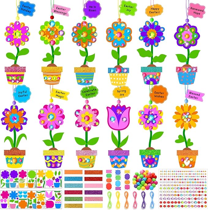 Frienda 48 Set Spring Potted Flower Craft Kit Make Your Own Tulip Sunflower Pot Craft DIY Potted Flower Ornaments Decorations Gift for Kids Classroom Activities Birthday Mother's Day Party Favors
