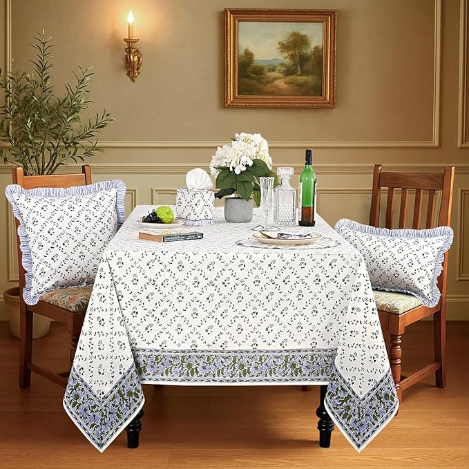 Ridhi Hand Block Print Powder Blue Rectangle Cotton Tablecloth 120" x 60" Reusable Table Cover Decorative Everyday Use for Dining, Farmhouse, Home Gift for Spring, Easter, Valentine