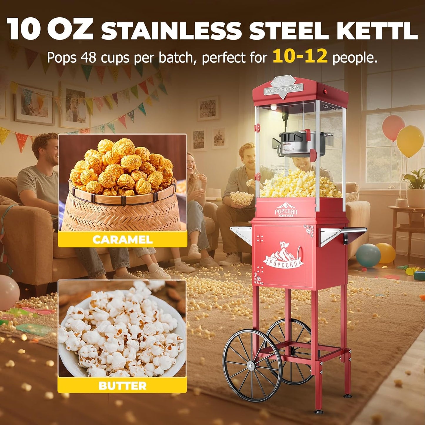 Popcorn Machine Cart with Wheel, 10 oz Popcorn Maker Machine with Stainless-Steel Kettle Makes Up to 40 Cups, Vintage Movie Theater Style Pop Corn Machine, Red
