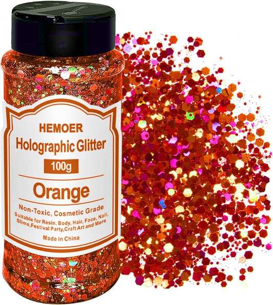 HEMOER Pumpkin Orange Glitter, 100g/3.5oz Holographic Chunky Glitter Mixed Hexagon Chunky & Fine Flakes Thanksgiving Sequins for Epoxy Crafts, Resin, Nail Body, Tumblers, Festival Party
