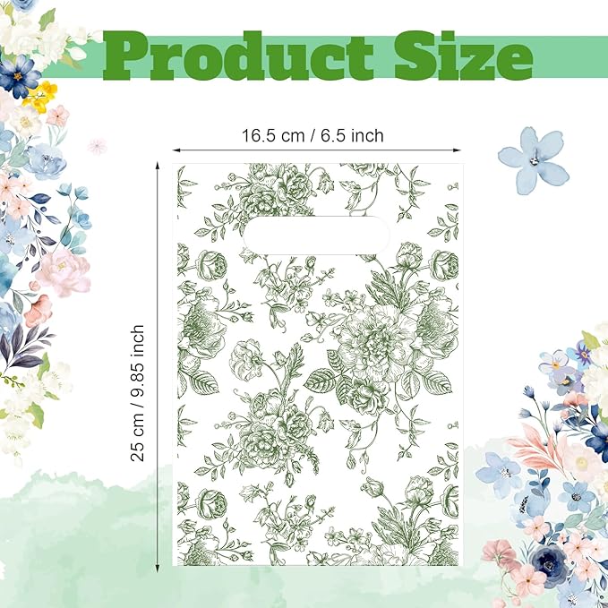 Supervitae 100 Pcs Plastic Green Gift Bags Flower Party Favor Bags Bulk with Handles for Birthdays Weddings Bridal Baby Showers Snacks Goodie Candy Treat Tea Party Supplies