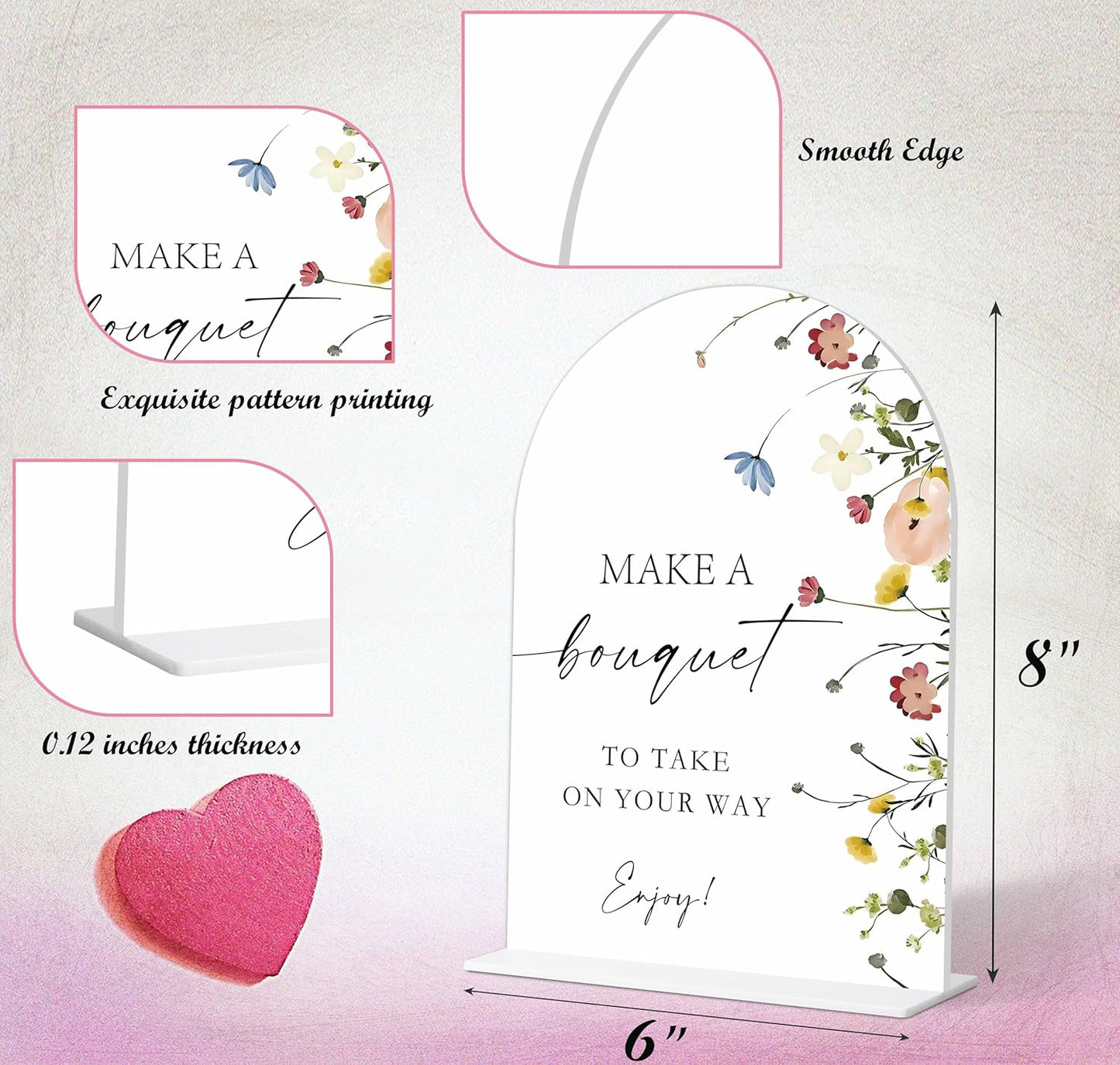 Make A Bouquet Sign, Flower Style Bridal Shower Sign for Wedding, Engagement, Bridal Shower and Reception, Bridal Shower Decorations, Wedding Shower Favors, 6X8 Inch Acrylic Arch Sign with Stand,26