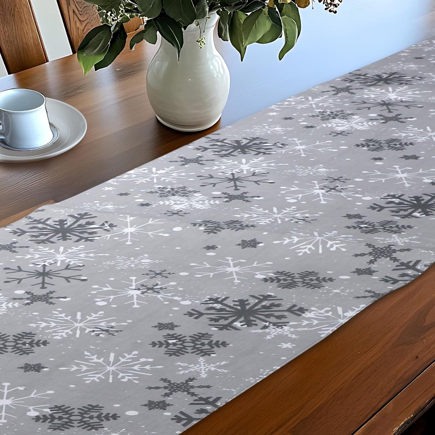Urban Villa Christmas TableRunner Grey Snowflake Table Runner 14”x72” 100% Cotton Over Sized Runner Heavier Quality Table Runner for Christmas Celebrations Dining WeddingDinner Parties Everyday Use