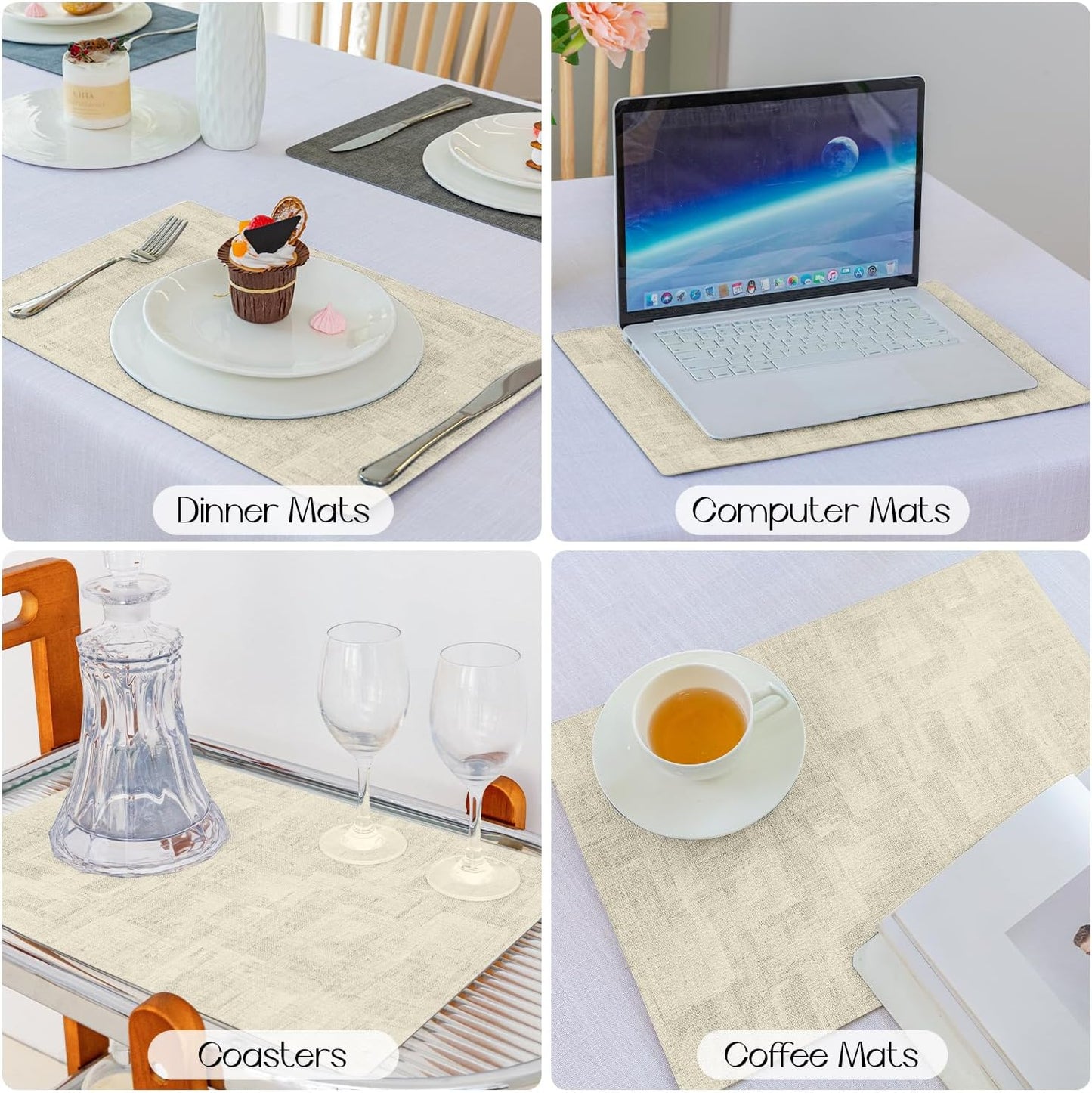 Romanstile Reversible Vinyl Placemats Set of 8, Faux Leather 100% Waterproof Oil-Proof Wipeable Place Mats, Heat Resistant Dual Sided Table Mats for Kitchen/Dining/Party (Black Beige, 12 x 17 Inch)