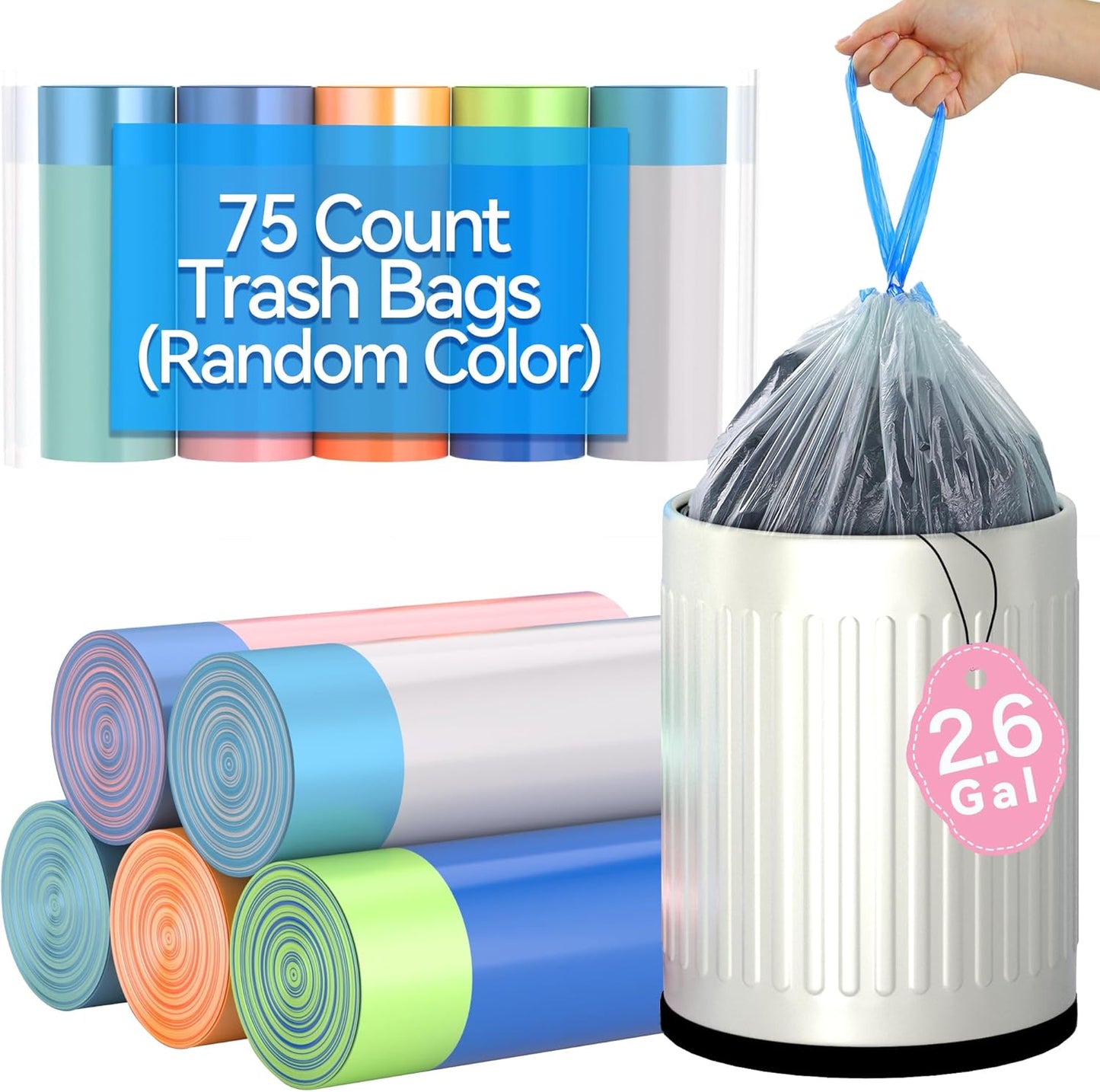 Bathroom Small Drawstring Trash Bag 2.6 Gallon Random Colored Garbage Bag 75 Count Trash Can Liner for Bathroom, Office, Bedroom, Kitchen