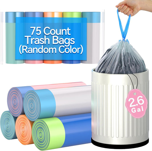Bathroom Small Drawstring Trash Bag 2.6 Gallon Random Colored Garbage Bag 75 Count Trash Can Liner for Bathroom, Office, Bedroom, Kitchen