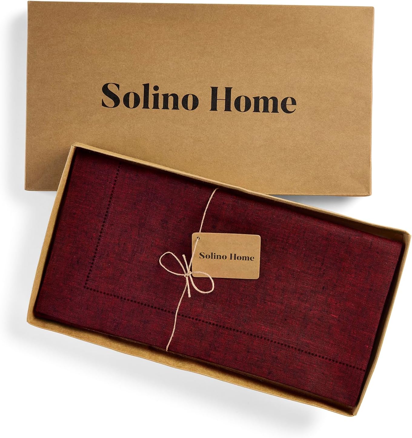 Solino Home Linen Square Tablecloth 52 x 52 Inch - 100% Pure Linen Red Garnet Table Throw - Milan Hemstitch, Machine Washable Table Cloth for Fall, Autumn, Thanksgiving, Christmas, Holiday