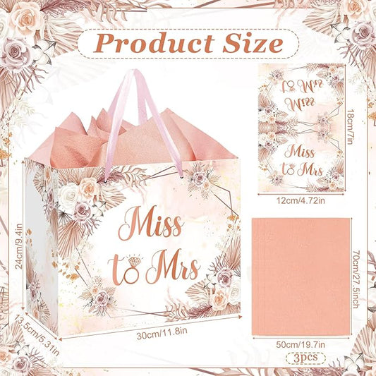 Yomaiha Bridal Shower Gift Bag Wedding Miss to Mrs Gifts Bag with Tissue and Card Bridal Shower Gift Wrapping Paper Bag Floral Boho Wedding Gift Bags Bride Engagement Bachelorette Party Bag