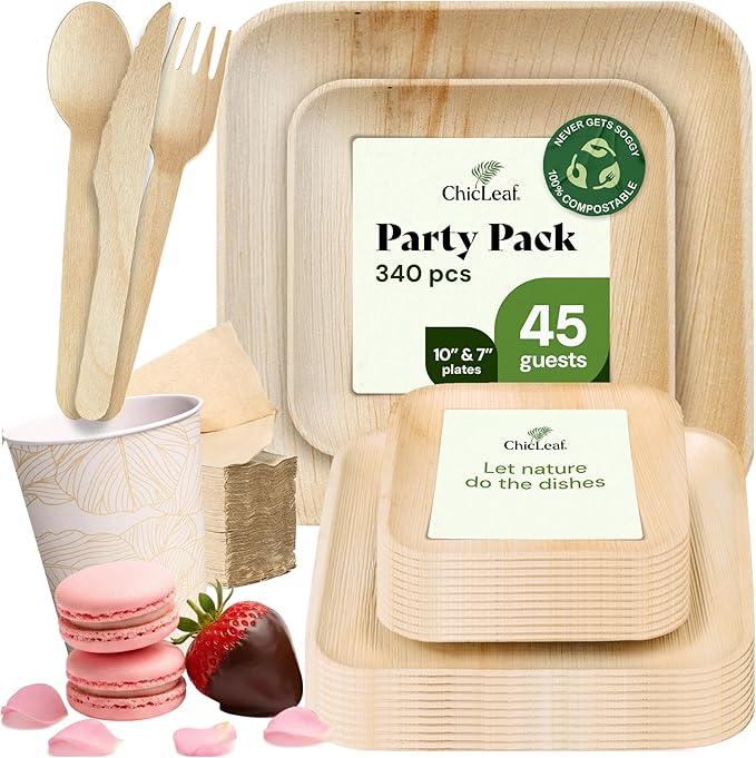 Chic Leaf Compostable Palm Leaf Plates & Cups Set - 10 In & 7 In Pack of 45, Natural - Biodegradable Tableware & Disposable Plates & Cups - Durable Bamboo Utensils, Valentine's Romantic Table Setting
